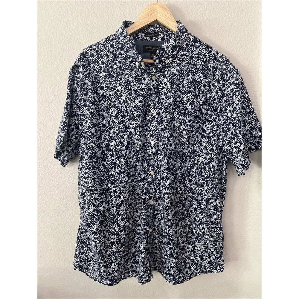 Banana Republic Men's BLUE Floral Hawaiian Luxe Poplin Tropical Standard Fit XL